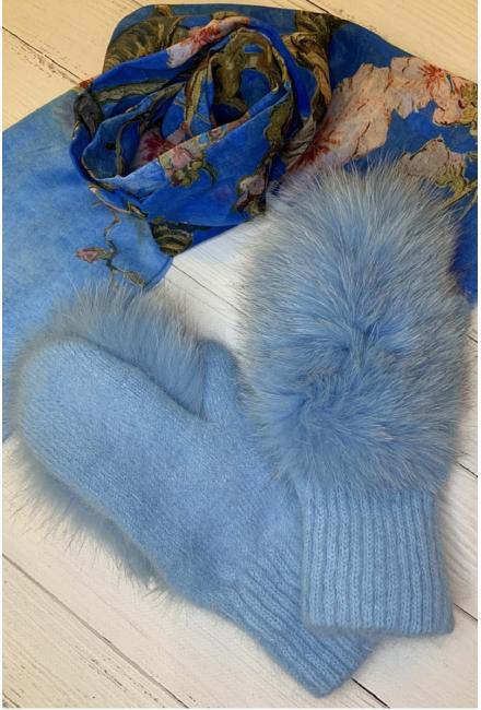 Зимние варежки с натуральным мехом J9318-blue Зимние варежки с натуральным мехом J9318-blue